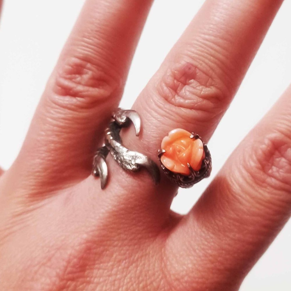 Sterling Silver Dove Foot and Poppy Ring